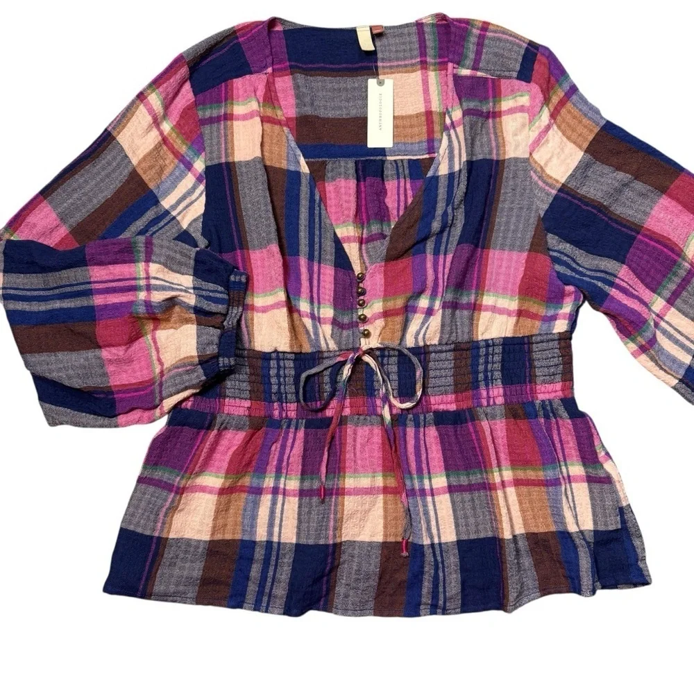 NWT New $98 Pilcro Plaid Deep-V Blouse Size XL